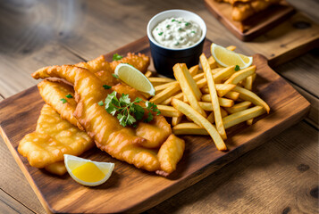Yummy! Fresh fish and chips. Fries and fish / fried fish. Absolute food porn! Ideal as a banner, header or background. Space for text.