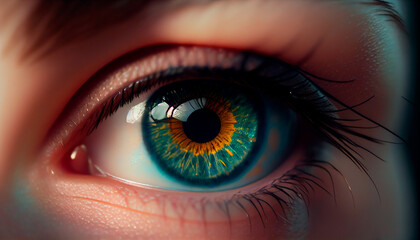 Fototapeta na wymiar Close up detail beautiful female eye macro, fashion naturel makeup. Generative AI