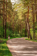 The child follows the rules of safety on the road in the forest. The concept of children's safety on the road.