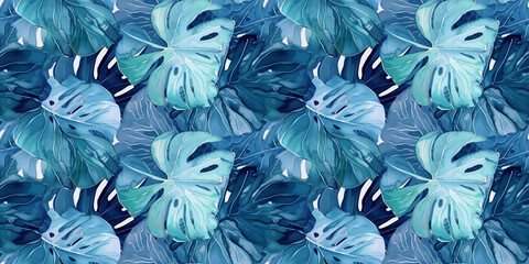 Monstera repeating pattern background, tropical leaves, abstract art design – created with generative AI