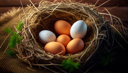 Colorful easter chicken eggs in a circular birds nest, happy easter dark tones