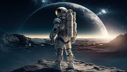 Space astronaut standing on a planet near the moon, futuristic background, cosmonaut