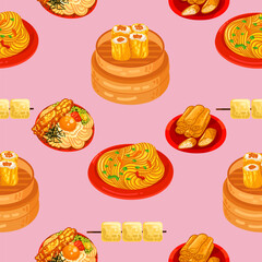 Chinese food seamless pattern. Hand drawn different types of asian food in wooden steamers repeating background. Tasty chinese food, delicious har gao, sticky rice, rolls.