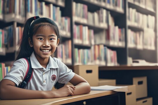 A smiling, happy, beautiful young asian school girl. Student with polo shirt and backpack in the school library. generative AI.
