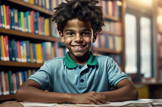 A smiling, happy and handsome young African American school little boy. Black student in polo shirt in school library. generative AI.