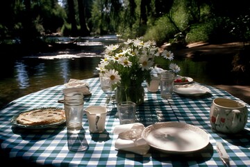 Idyllic Picnic Scene with Colourful Table Setting and Fountain (AI Generated)