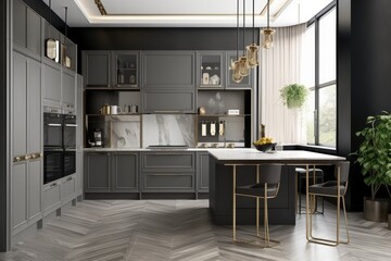 Modern kitchen in grey colour with art deco elements - Generative AI