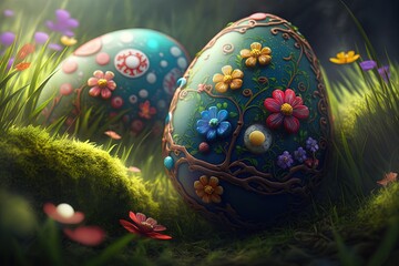 Obraz na płótnie Canvas Colorful Eggs Bring Joy to the Meadow: A Fantasy Easter Vision Generative AI