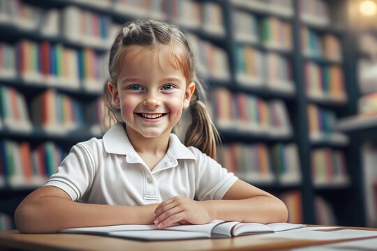 A smiling, happy, beautiful young blonde little school girl. Student with polo shirt and backpack in the school library. generative AI.