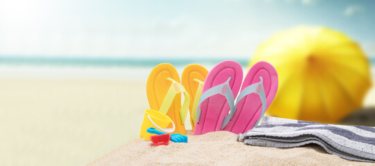 towel and flip flops or beach shoes, summer