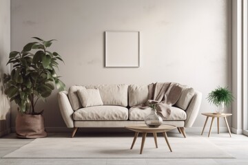 Modern living room, vacant wall, beige couch on white backdrop,. Generative AI
