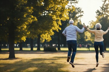 Senior couple jumping happy and funny. Ai generative