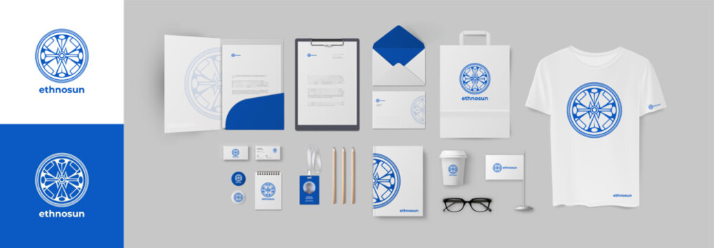 Blue ornament logo and corporate branding design with letterhead A4, folder, envelope and business card. Premium stationery design for modern company or shop, eco brand or market