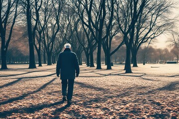 Elderly grandfather walking alone. Concept loneliness, widowhood, grandpa senior old man. Older. Ai generative