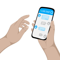 Human hand holding smartphone with live chat on screen. Support service.  Assistance and help with mobile phone app. Smartphone helpdesk for feedback cell. Vector illustration