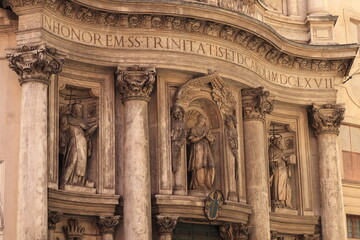 San Carlo alle Quattro Fontane Church Facade Detail with Columns and Statues in Rome, Italy
