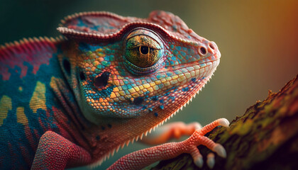 Close up of a chameleon with bright.Generative AI.