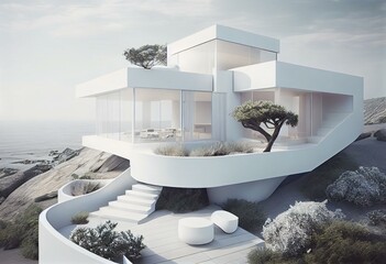 Obraz na płótnie Canvas A stunning, all-white modernist home, with an open living space and sweeping ocean views, situated atop a rocky coastal bluff. Generative AI