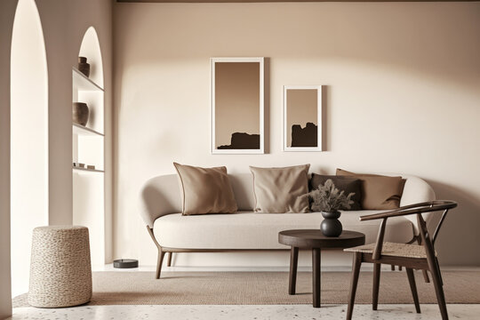 Trendy minimalistic japandi modern interior in beige tones. Home fashion 2023. Spacious living room. Photorealistic illustration generated by AI.