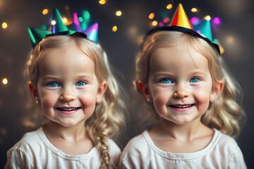 Little blonde girls at birthday party with confetti. Happy Birthday.
 Ai generative