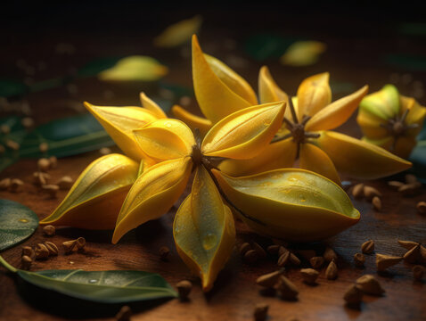 Beautiful organic background of freshly picked carambola created with Generative AI technology
