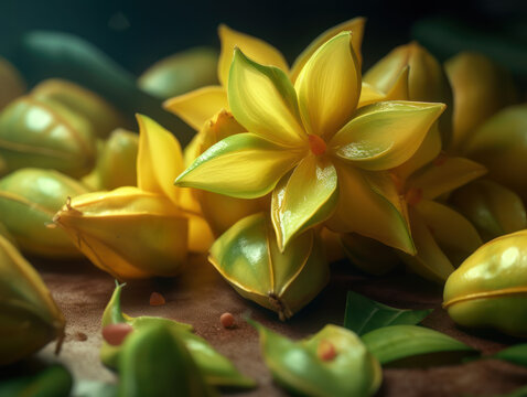 Beautiful organic background of freshly picked carambola created with Generative AI technology