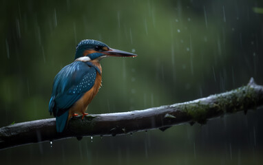 A male Kingfisher perched on a branch in the rain, bokeh against a soft background. Illustrative Generative A.