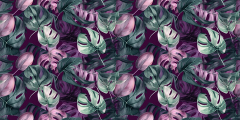 Repeating pattern background, tropical leaves, abstract art design – created with generative AI