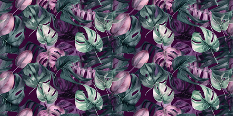 Repeating pattern background, tropical leaves, abstract art design – created with generative AI