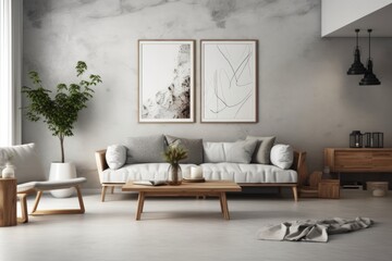 Obraz na płótnie Canvas Wall mockup in white contemporary living and dining room interior design with wooden furniture, Scandinavain Boho style. Generative AI