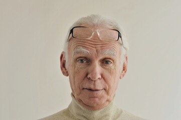 Facial portrait of an elderly gray-haired man with a joyful surprised look on a light background close-up