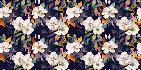 Miltoniopsis repeating pattern background, tropical leaves, abstract art design – created with generative AI