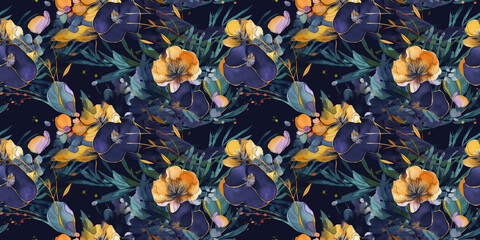 Portulaca repeating pattern background, tropical leaves, abstract art design – created with generative AI