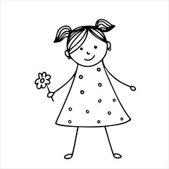 Little girl with a flower in her hand. Vector illustration hand-drawn.