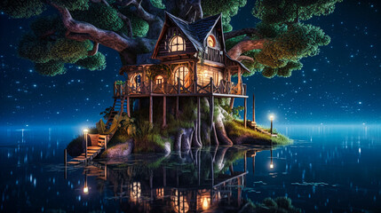 Tree house on an island, night landscape on the water, moonlight, fog, night lantern, reflection in the water. AI generated image.