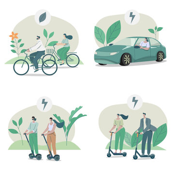 Set of Eco friendly alternative ecological transportation, People choose vehicles that conserve nature.
bicycles, EV car, scooter, Environmental care concept, Vector design illustration.