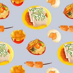 Chinese food seamless pattern. Hand drawn different types of asian food in wooden steamers repeating background. Tasty chinese food, delicious har gao, sticky rice, rolls.