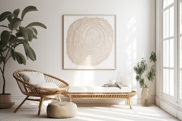 Empty horizontal picture frame on contemporary living room white wall. Boho interior mockup. Free poster picture space. Rattan chair, macrame, wooden floor. Generative AI