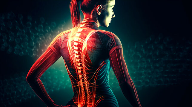 Women with back pain, sports injury and fitness, spine x-ray and anatomy with red overlay, medical problem and health. Healthcare emergency, inflammation, and muscle tension. Generative AI