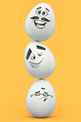 Balance of stack farm egg with expressions and funny face on yellow background