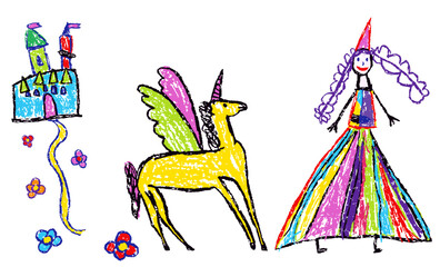 Princess or queen, castle, unicorn, pegasus, horse wings. Like kids hand drawn fairy kingdom outdoor background. Fantasy fairy doodle simple vector. Vector crayon, pastel chalk or pencil cartoon art
