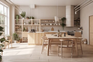 Fototapeta na wymiar Scandinavian minimalism. Bright studio living, kitchen, and dining. Wooden kitchen with island, greenery, and dishware. Generative AI