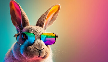 Cool mood bunny with sunglasses on colorful background.Generative AI.