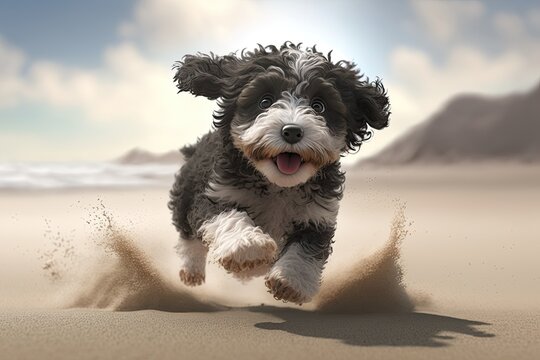 Cute Cartoon Aussie Doodle Running through the sand at the Beach  (Generative AI)