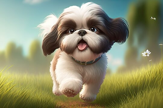 Cute Cartoon Shih Tzu Running through a Meadow (Generative AI)