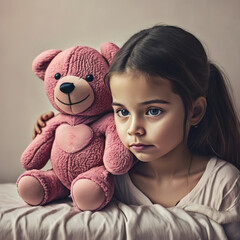 Lonely and sad beautiful baby girl sitting hugging a soft teddy bear. Close up. Upset, unhappy child waiting for his parents, thinking about problems, psychological trauma. Generative Ai