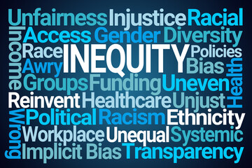 Inequity Word Cloud on Blue Background - 585377904