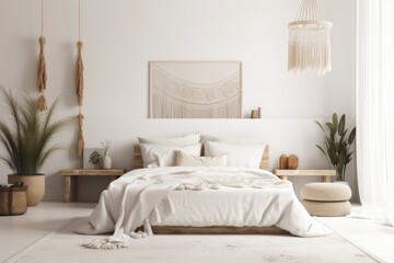 White bedroom wall. Scandi boho interior mockup. Free copy space for your image, text, or design. Macrame, pampas grass, bed. Generative AI