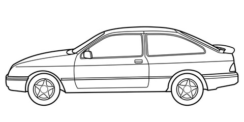 Outline drawing of a hatchback car from side viewб 80s style. Vector outline doodle illustration. Design for print or color book
