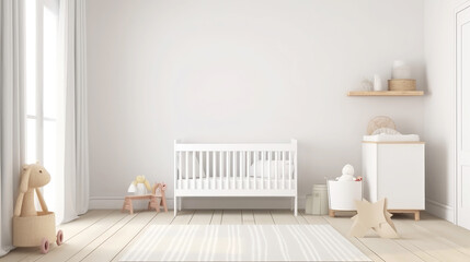 Modern bright nursery room with toys for child as interior design illustration and blank wall as mockup template (Generative AI)